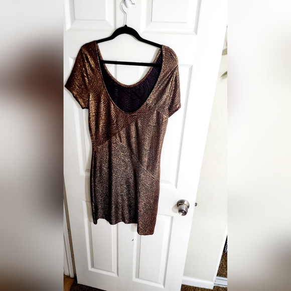 FREE PEOPLE BODYCON BROWN BRONZE SHIMMER METALLIC COCKTAIL MINI DRESS SIZE L - Picture 3 of 11